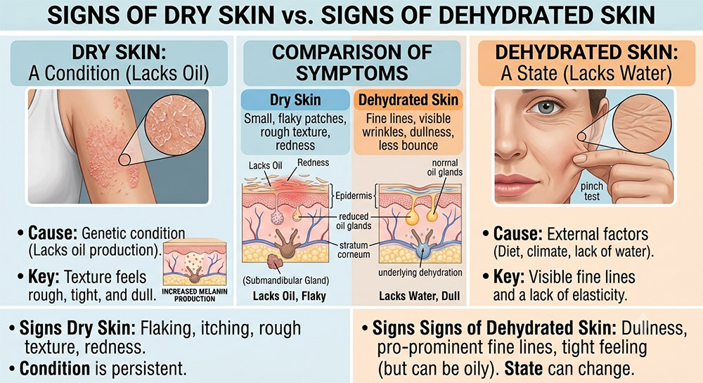 dry vs dehydrated skin, dry skin type, skin moisture and oil balance