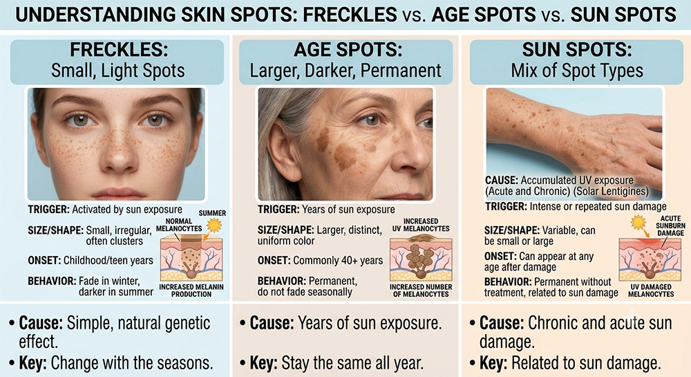 freckles vs age spots vs sun spots, freckles on skin, seasonal pigmentation changes