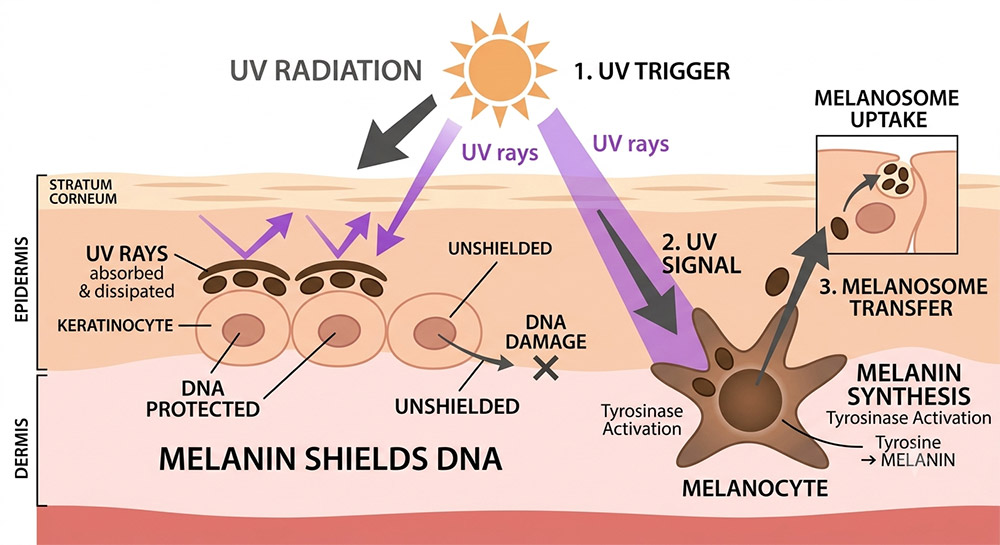 UV exposure and pigmentation, melanin and UV light, sun damage skin changes
