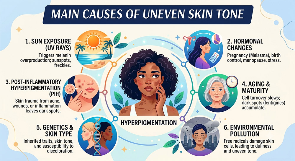 what causes uneven skin tone, facial pigmentation patterns, uneven skin colour, facial redness