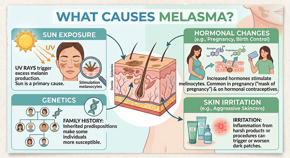 what causes melasma, facial melasma pattern, melasma on cheeks, symmetrical facial pigmentation