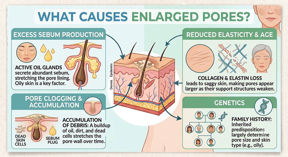 what causes enlarged pores, visible facial pores, oil production and pores, pore structure