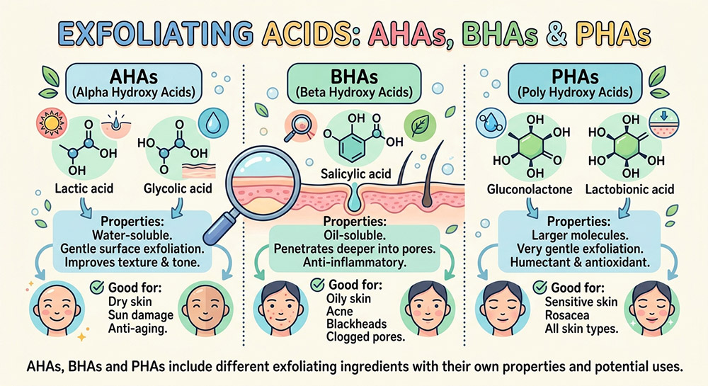 AHA BHA PHA, alpha hydroxy acid, beta hydroxy acid, polyhydroxy acid